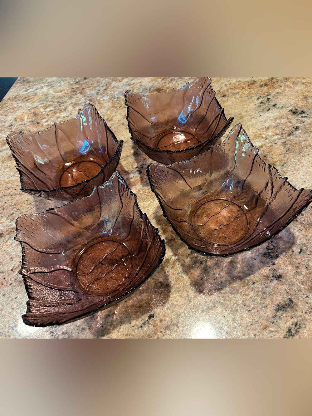 Arcoroc France (4) Set Amethyst Glass Cabbage/Sculpted Leaf Bowls 5.5”x3.5”